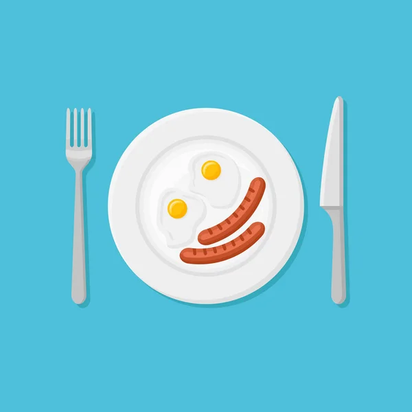 Plato con huevos fritos y salchichas. Desayuno plano estilo vector ilustración . — Vector de stock