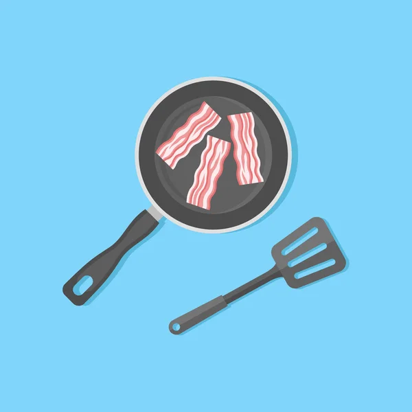 Bacon csíkok serpenyőben. Lapos stílusú vektoros illusztráció. — Stock Vector