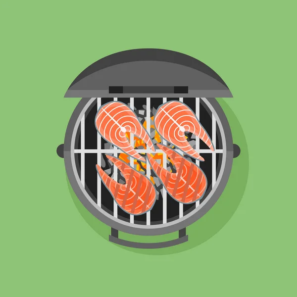 Grill och grillad lax biff. Platt stil vektorillustration. — Stock vektor