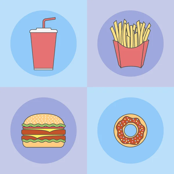 Conjunto de fast food ícones de linha plana. Donut, hambúrguer, batatas fritas e refrigerante takeaway . —  Vetores de Stock
