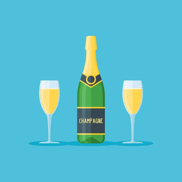 Bottiglia e due bicchieri di champagne bianco. Illustrazione vettoriale in stile piatto . — Vettoriale Stock