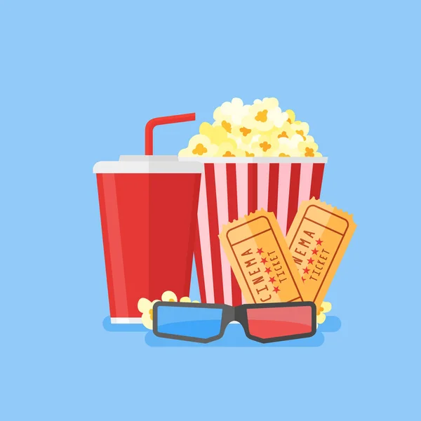 Film affisch mall. Popcorn, läsk takeaway, 3d bio-glasögon och biljetter. — Stock vektor