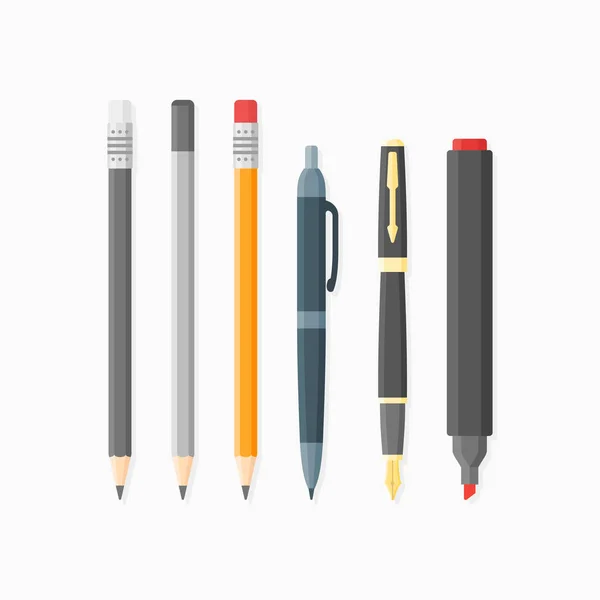 Kugelschreiber, Feder, Bleistift und Filzstift isoliert auf weißem Hintergrund. — Stockvektor