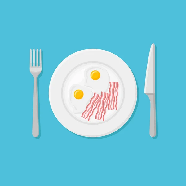 Plate with fried eggs and bacon strips isolated on blue background. — Stock Vector