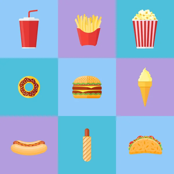 Conjunto de iconos planos de comida rápida. Ilustración vectorial . — Vector de stock
