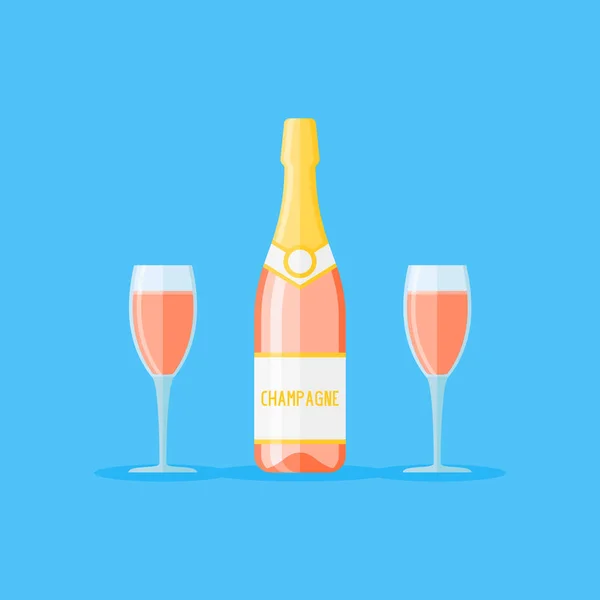 Бутылка и два бокала розового шампанского. Векторная иллюстрация плоского стиля . — стоковый вектор