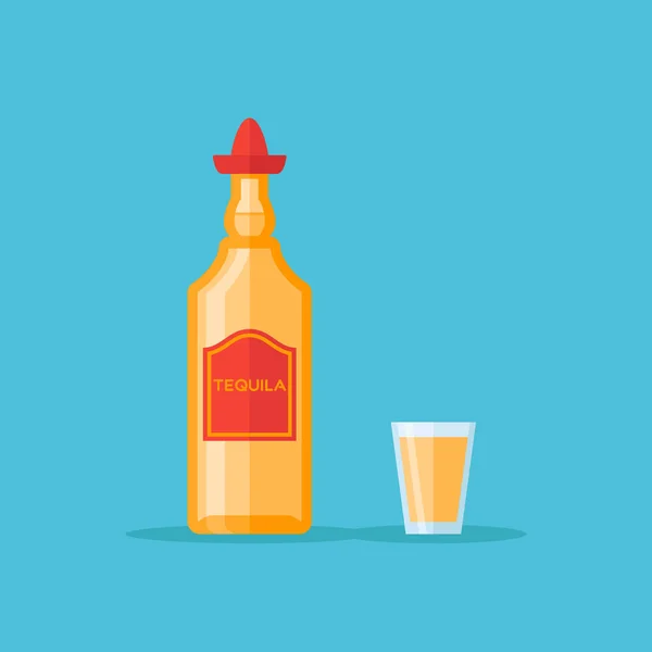 Bottle and shot glass of tequila. Flat style vector illustration. — Stock Vector