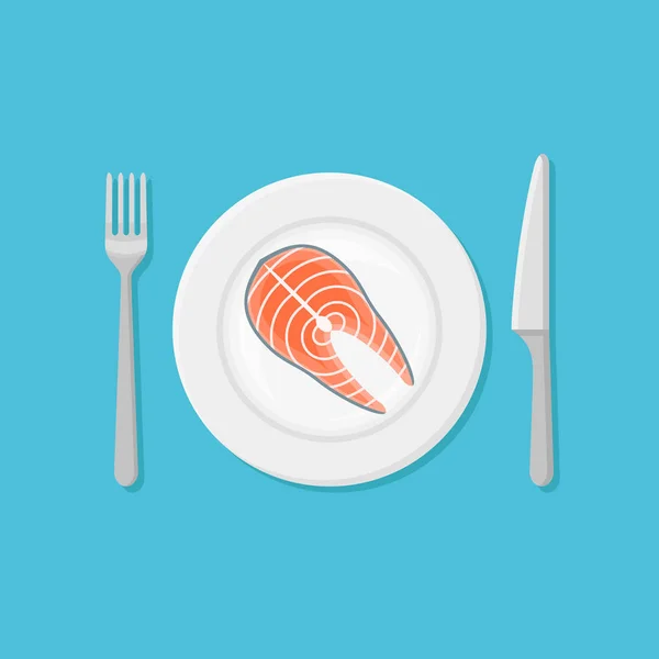 Plate with salmon steak. Flat style vector illustration. — Stock Vector