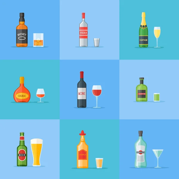 Conjunto de garrafas e copos com bebidas alcoólicas ícones de estilo plano. Ilustração vetorial . —  Vetores de Stock