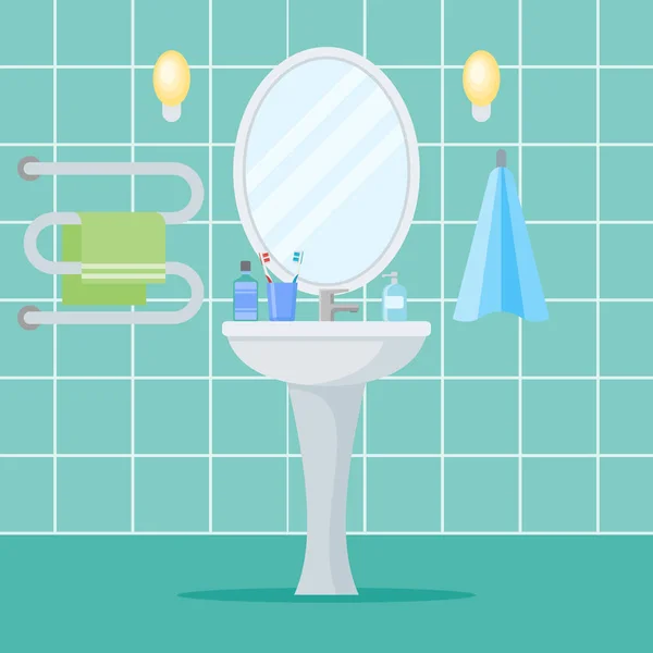 Інтер'єр ванної кімнати з умивальником, дзеркалом і рушниками — стоковий вектор