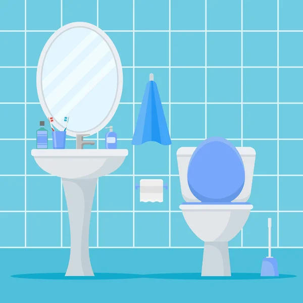 Інтер'єр ванної кімнати з унітазом, умивальником і дзеркалом — стоковий вектор