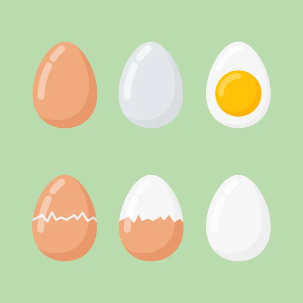 Conjunto de ovos crus e cozidos. Ilustração vetorial de estilo plano . —  Vetores de Stock