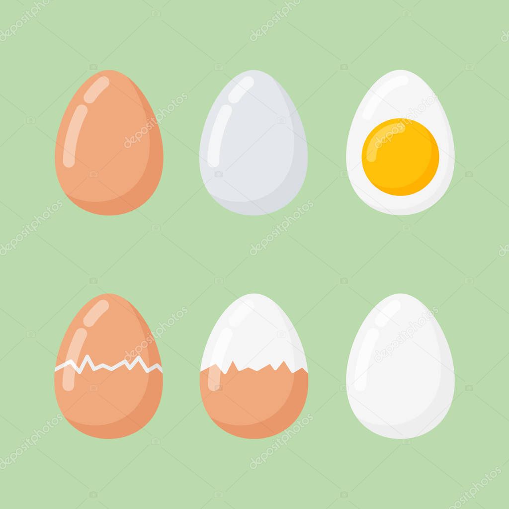 Set of raw and boiled eggs. Flat style vector illustration.