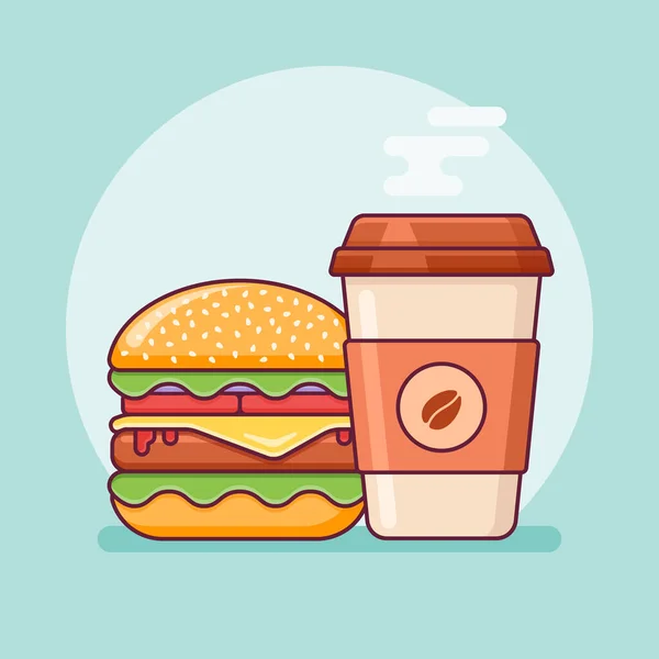 Burger Och Kaffe Takeaway Platt Linje Ikon Snabbmat Vektor Illustration — Stock vektor