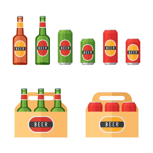 Set Botellas Cerveza Latas Packs Aislados Sobre Fondo Blanco Ilustración — Archivo Imágenes Vectoriales