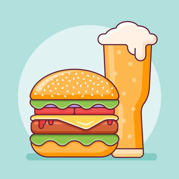 Ikon Burger Dan Bir Gelas Datar Ilustrasi Vektor Makanan Cepat - Stok Vektor