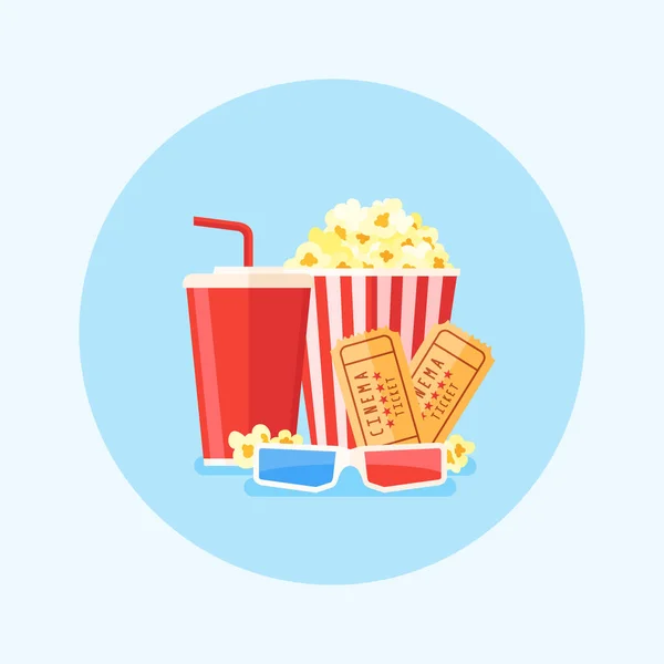 Filmposter Sjabloon Met Popcorn Emmer Frisdrank Tickets Bril Ronde Bioscoop — Stockvector