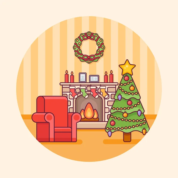 Interior Habitación Navidad Con Chimenea Árbol Sillón Diseño Redondo Decoraciones — Archivo Imágenes Vectoriales