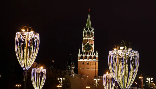 Kremlin Clock Chimes Spasskaya Tower Moscow Streets New Year Decoration — Stock Photo, Image