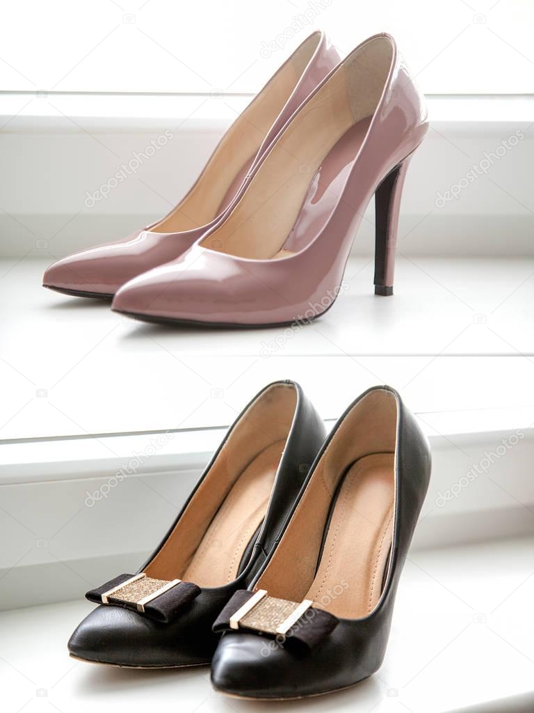  Pink pointy patent female heels at the upper part of the frame,