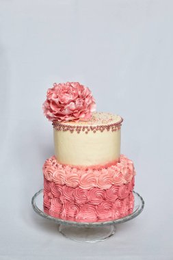 İki pembe ve krem doğum günü pastası katmanlı 