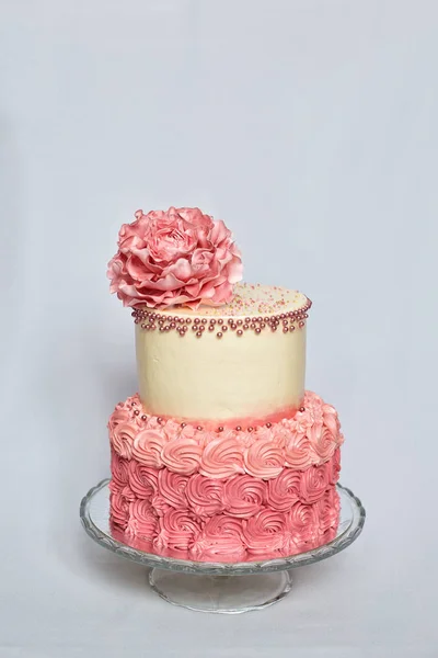 Torta di compleanno rosa e crema a due strati — Foto Stock