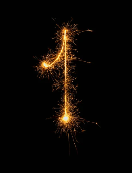 Digit 1 or one made of bengal fire, sparkler fireworks candle isolated on a black background. Party dark backdrop.