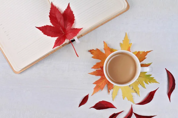 Autumn composition with cup of coffee, autumn leaves and and opened book open book with blank pages. Top view, flat lay, copy space — Stock Photo, Image