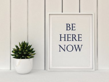 Yavaş yaşam kavramı. İlham motivasyon teklif burada ol. Mindfulness, hayat, mutluluk kavramı. Poster çerçevesi İskandinav tarzı ev iç dekorasyon. 3D render