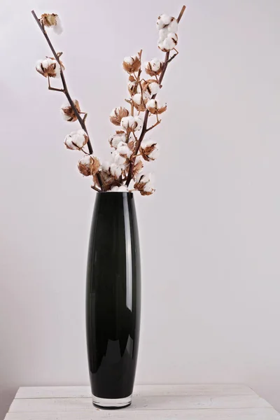 Rama de flores de algodón en jarrón. Moderno, acogedor estilo de decoración del hogar — Foto de Stock