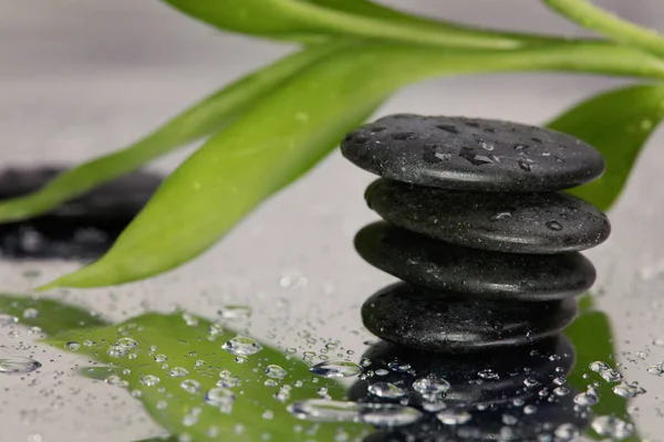 Conceito de spa. Rochas vulcânicas e bambu sobre fundo reflexivo com gotas de chuva. Relaxamento, tratamento de cuidados corporais, bem-estar — Fotografia de Stock