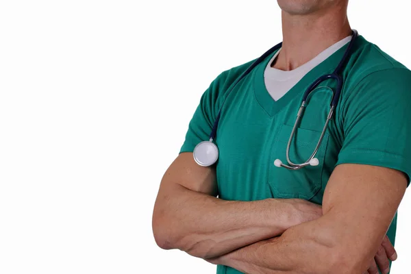 Retrato de un médico varón desconocido con un estetoscopio aislado sobre fondo blanco. Salud y concepto médico . — Foto de Stock