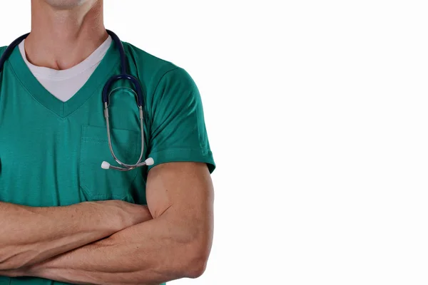 Retrato de un médico varón desconocido con un estetoscopio aislado sobre fondo blanco. Salud y concepto médico . — Foto de Stock