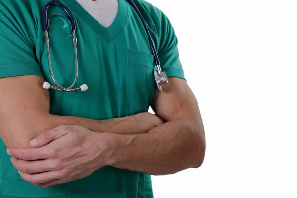 Retrato de un médico varón desconocido con un estetoscopio aislado sobre fondo blanco. Salud y concepto médico . — Foto de Stock