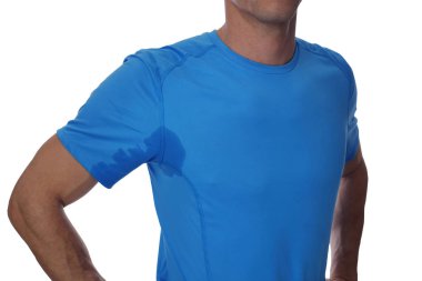 Spor adam beyaz arka plan üzerinde izole koltuk altı terleme. Terleme leke. Hipertiroidi kavramı