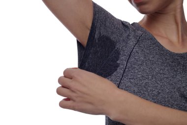 Spor beyaz arka plan üzerinde izole kadın koltuk altı terleme. Terleme leke. Hipertiroidi kavramı