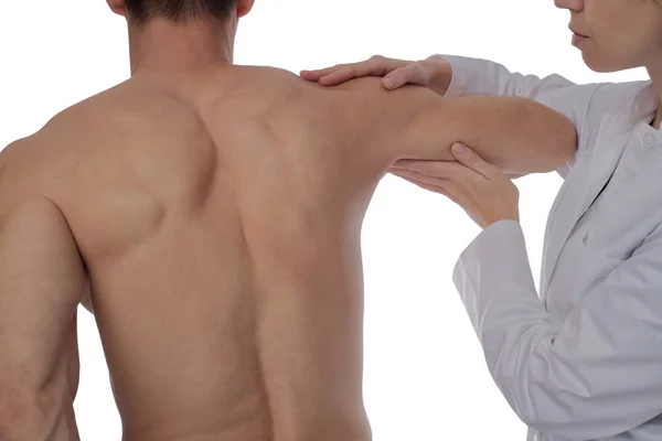 Chiropractic, osteopathy, dorsal manipulation. Therapist doing healing treatment on man's back . Alternative medicine, pain relief concept isolated on white. — Stock Photo, Image