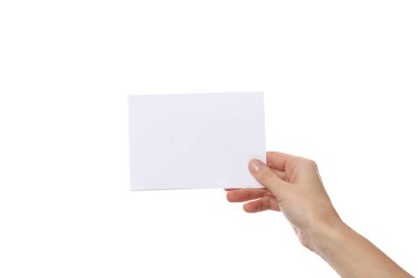 Boş kağıt beyaz arka plan üzerinde izole tutan el. Kopyala Yapıştır resim veya metin.