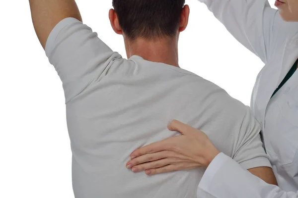 Quiropráctica, osteopatía, manipulación dorsal. Terapeuta haciendo tratamiento curativo en la espalda del hombre. Medicina alternativa, concepto de alivio del dolor aislado en blanco . — Foto de Stock