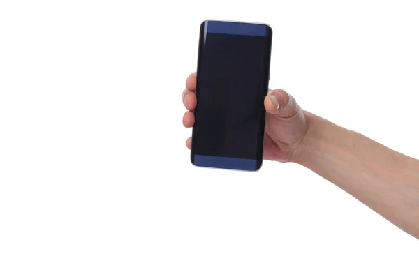 Masculin mână care deține telefon mobil, celular cu ecran gol izolat pe fundal alb. Copiați imaginea sau textul lipirii . — Fotografie, imagine de stoc
