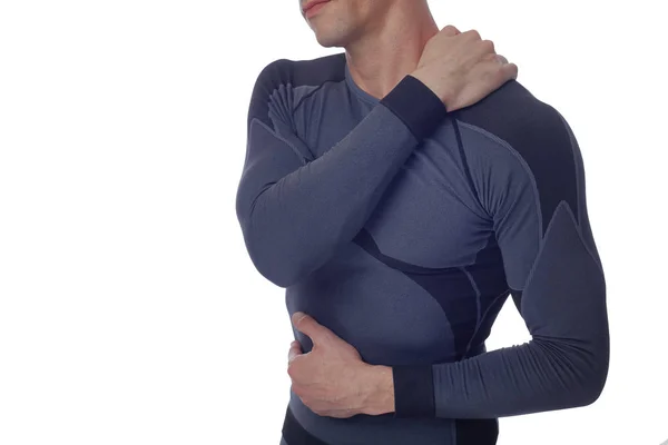 Lesión deportiva, hombre con espalda, dolor de cuello. Concepto de alivio del dolor aislado en blanco . — Foto de Stock