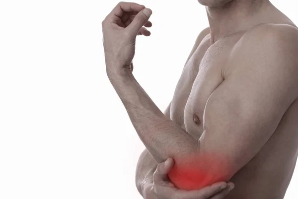 Uomo col dolore al gomito. Concetto di antidolorifico. Sport che esercitano lesioni . — Foto Stock