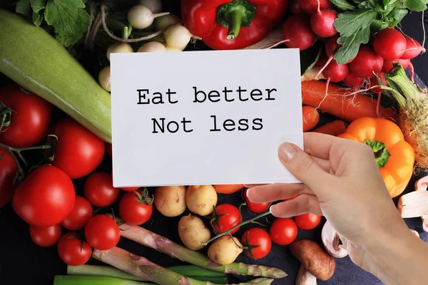 동기 부여 영감을 인용 더 하지 덜 먹는다. 다이어트, 건강 한 먹는 배경. — 스톡 사진
