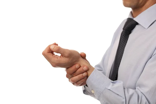 Geschäftsmann leidet unter Schmerzen am Handgelenk. Schmerzlinderungskonzept — Stockfoto