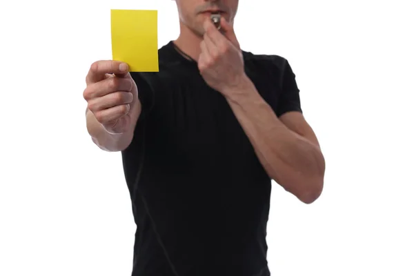 Арбітр, що показує жовту картку. Концепція бізнесу та спорту. Виключення — стокове фото