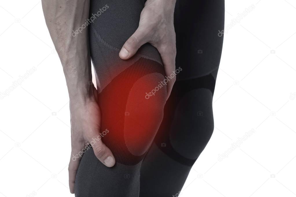 Man with knee pain close up. Pain relief concept