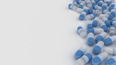 Eczane logo arka plan. Kapsül, tablet, hap izole üzerinde beyaz arka plan. Eczacılık ve tıp kavramı 3d render