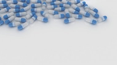 Eczane logo arka plan. Kapsül, tablet, hap izole üzerinde beyaz arka plan. Eczacılık ve tıp kavramı 3d render