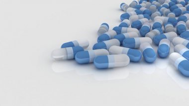 Eczane logo arka plan. Kapsül, tablet, hap izole üzerinde beyaz arka plan. Eczacılık ve tıp kavramı 3d render