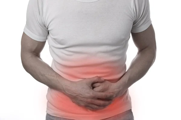 Man with stomach pain. Digestive system, Urinary Tract Infection problems. — Stock Photo, Image